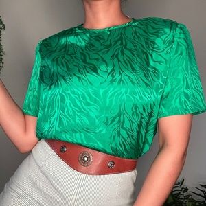 ☾Vintage Emerald Green Zebra Printed Silk Top ☾